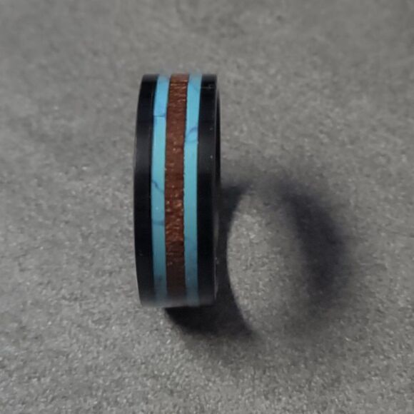 Men's Real Black Tungsten Wedding Ring Turquoise and Koa Wood Inalys - Picture 3 of 5
